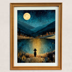 A close-up of the art print in a natural wood-grain frame. The artwork features a solitary figure in tall grass by a lake, facing a starry night sky, a large full moon, and distant glowing village lights nestled in mountain valleys.