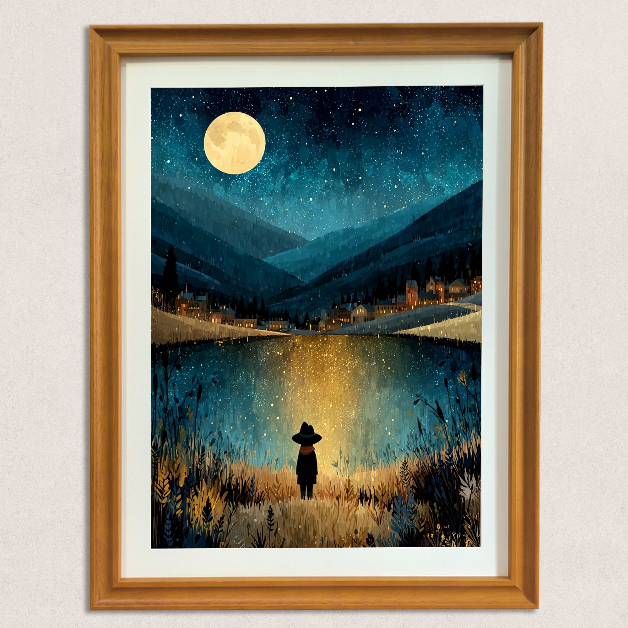 A close-up of the art print in a natural wood-grain frame. The artwork features a solitary figure in tall grass by a lake, facing a starry night sky, a large full moon, and distant glowing village lights nestled in mountain valleys.