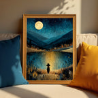 A light wood-framed art print resting on a beige sofa between a dark blue pillow and a mustard yellow pillow. The artwork shows a figure standing by a glowing lake under a full moon and starry sky.