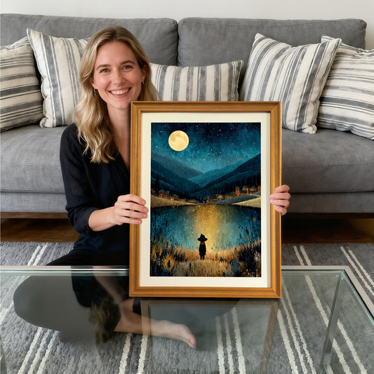 A smiling woman sitting on the floor, holding a gold-framed art print of a person standing by a glowing lake at night under a full moon and starry sky, with mountains and a village in the background.
