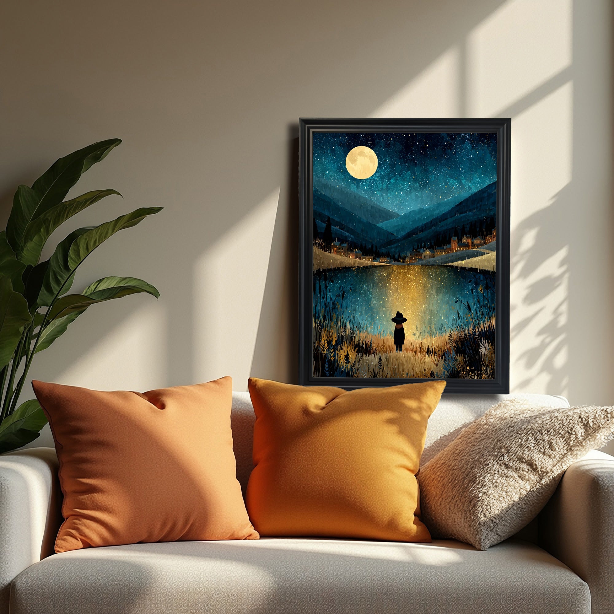 A black-framed art print resting on a white sofa next to orange pillows and a large green plant. Sunlight casts dramatic diagonal shadows across the wall and sofa, highlighting the dark, rich colors of the night scene in the print.