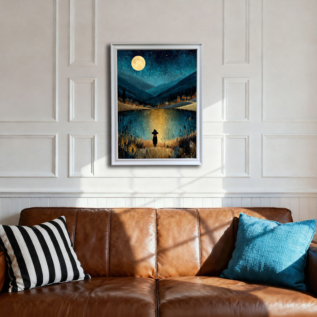 A white-framed art print centered above a brown leather sofa with striped and blue pillows. The white paneled wall provides a bright contrast to the dark, mystical nighttime landscape of the artwork.