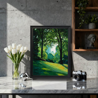 City park and skyline art print in a black wood frame with a mat, sitting on a marble countertop next to white tulips, styled for modern or industrial decor.