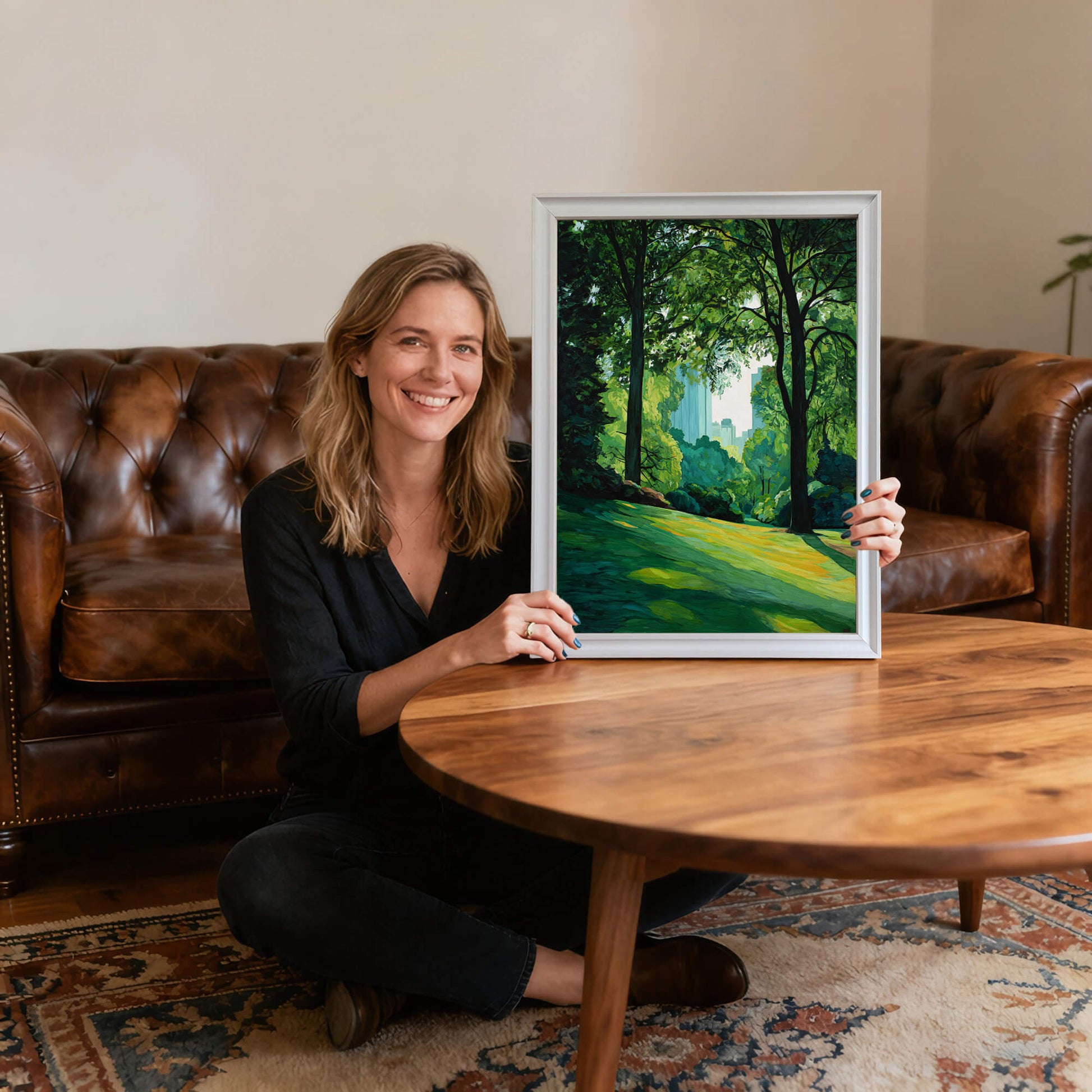 Smiling woman sitting on the floor holding the park landscape art print in a white wood frame, providing scale and showing the artwork's size relative to a person.