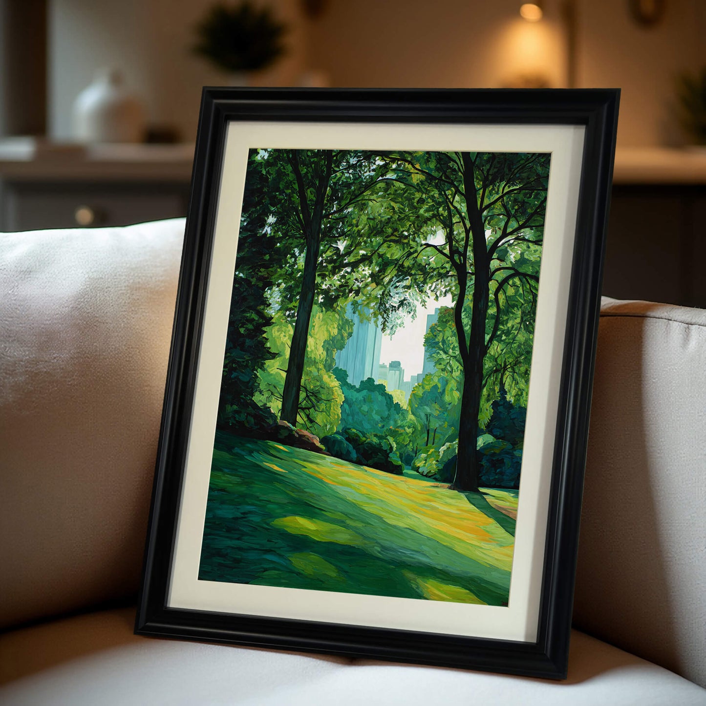 City park and skyline art print in a black wood frame with a mat, propped up on a cream-colored couch, offering a close-up view of the framed print in a cozy living room.