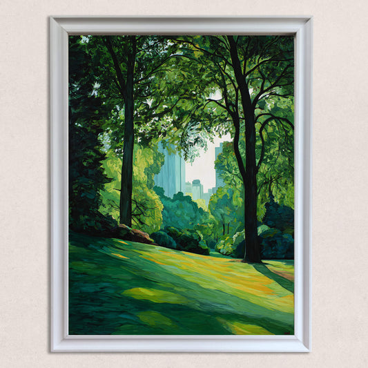 Close-up studio shot of the vibrant oil painting style art print, featuring a sunny green park with large trees and a cityscape skyline visible in the background, framed in a thick white wood frame.