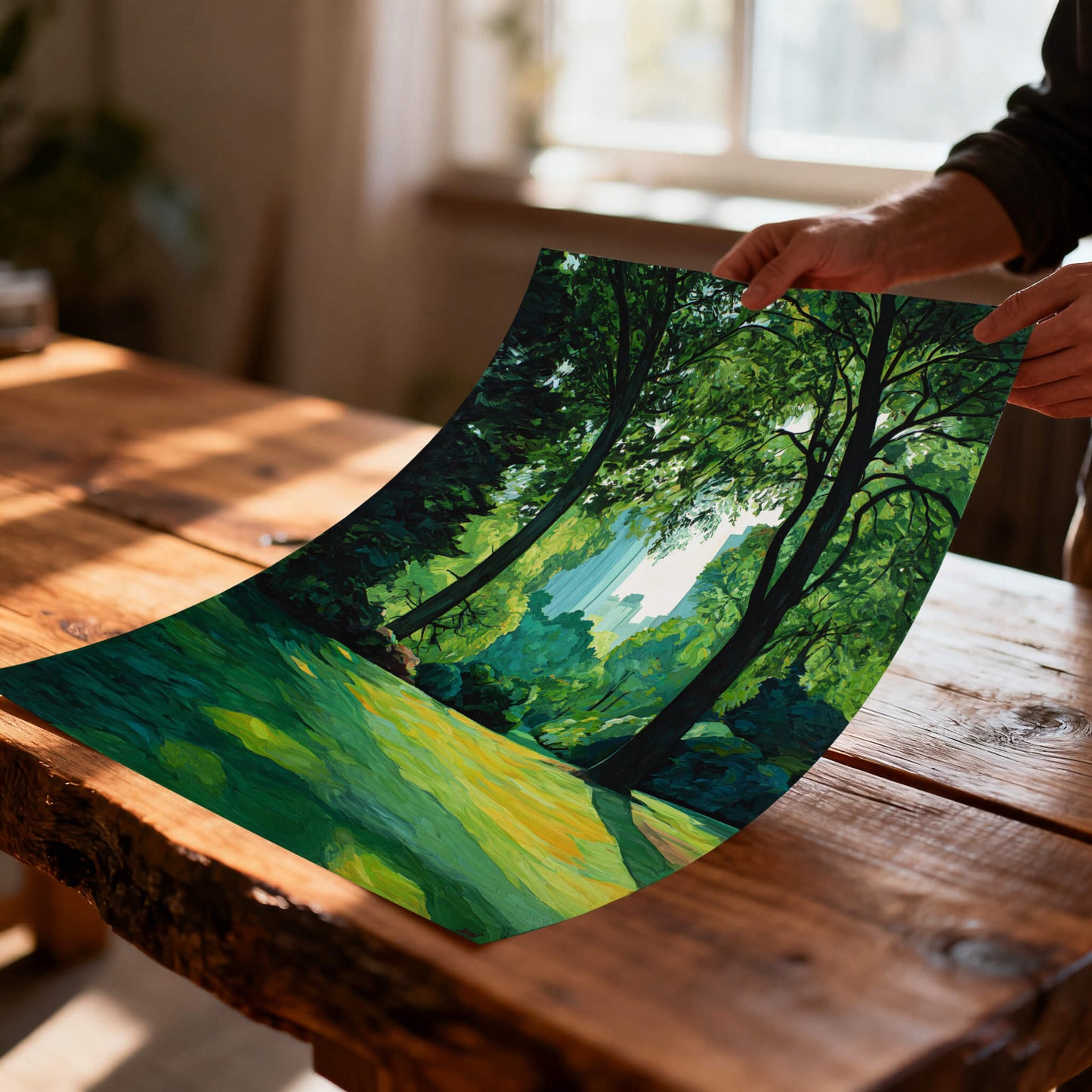 Unframed, flexible art print of the city park landscape being held over a rustic wood table, illustrating the print material quality and texture.