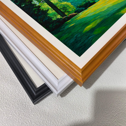 Stacked close-up of different wood frame options for art prints: black, white, and natural light wood (oak/maple). Highlights the mat and frame molding detail and finish.