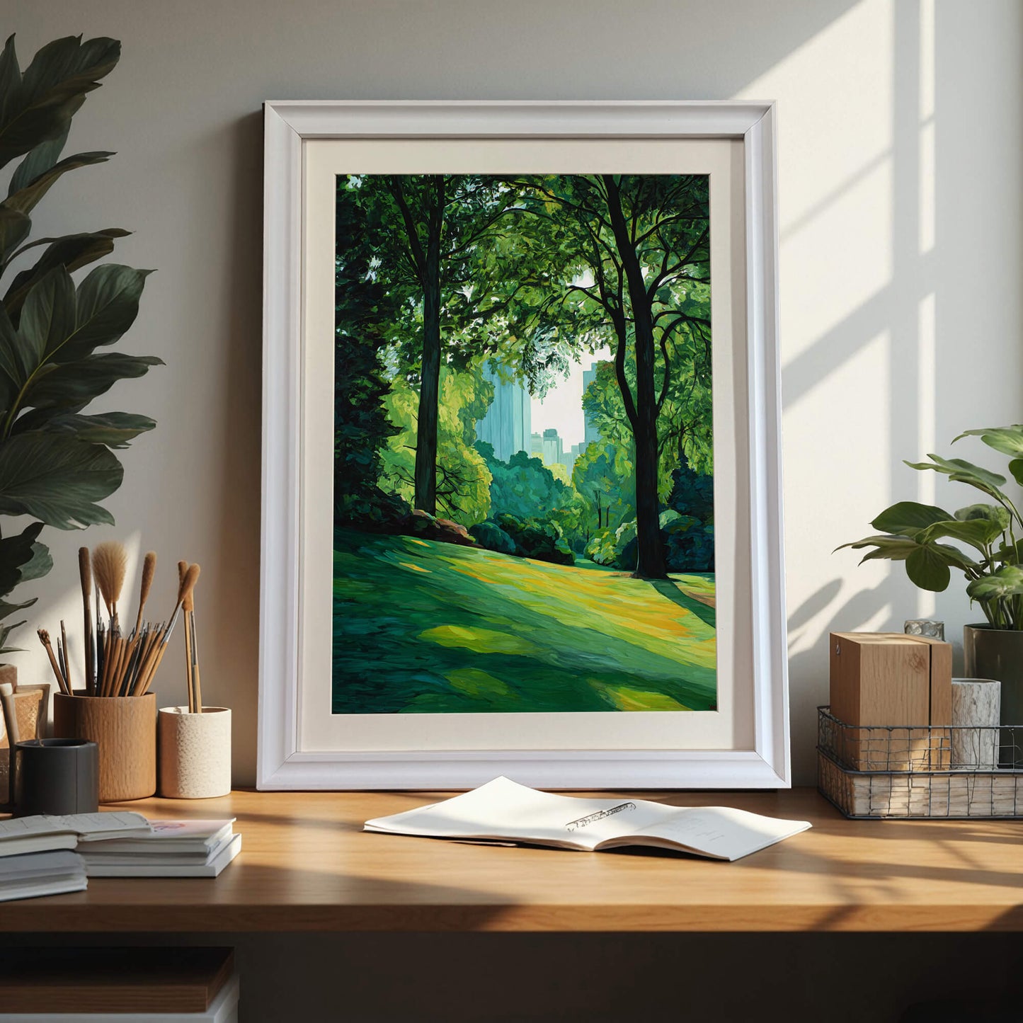 City park and skyline art print in a white wood frame sitting on a wood desk next to art supplies and houseplants, showcasing a bright home office or studio setting.