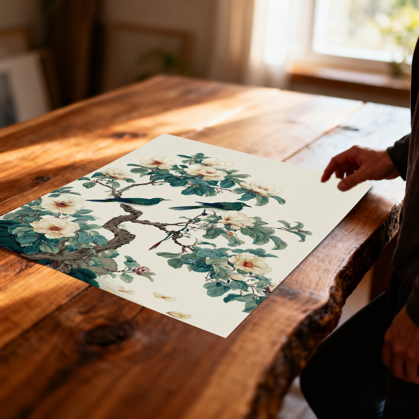 A perspective shot of an unframed art print of birds and white flowers lying flat on a rustic wooden table, illuminated by natural sunlight.