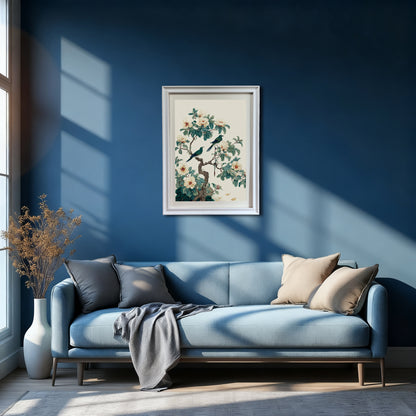 A wide interior shot of a minimalist living room with a navy blue wall; a white framed floral and bird print is centered above a light blue sofa with grey and tan pillows.