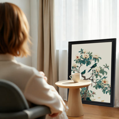  A lifestyle shot from behind a woman sitting in a chair, looking toward a black framed botanical print leaning against a wall next to a window with white sheer curtains.