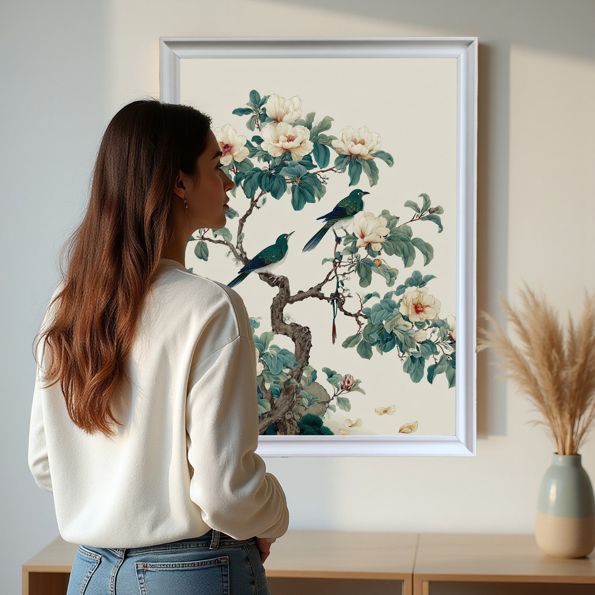 A woman with long brown hair, seen from behind, looking at a large framed botanical print of white peonies and teal birds hanging on a white wall above a wooden console table.