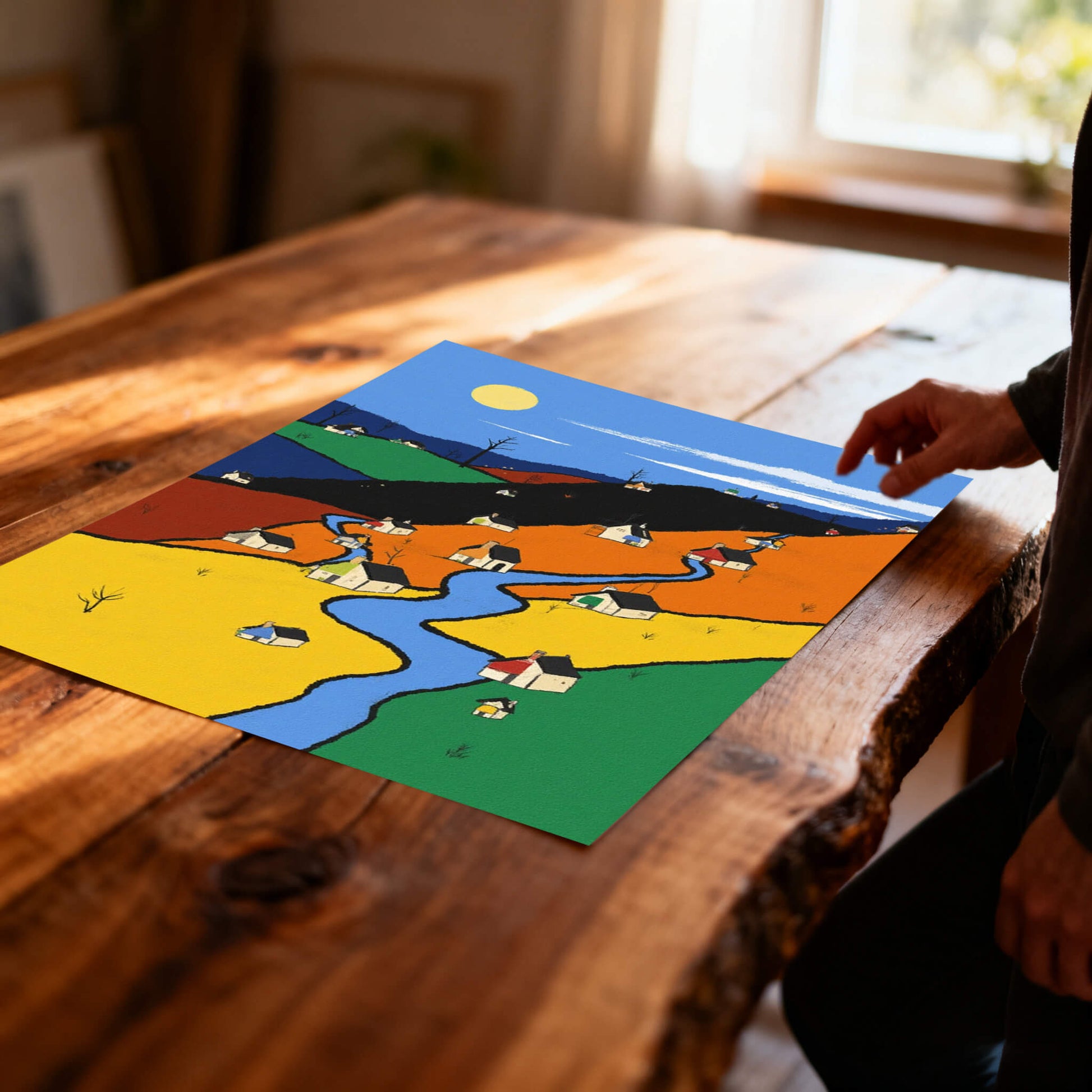 A close-up of the unframed color-block village art print lying flat on a rustic wooden table, showing a hand reaching toward the print near a sunlit window.