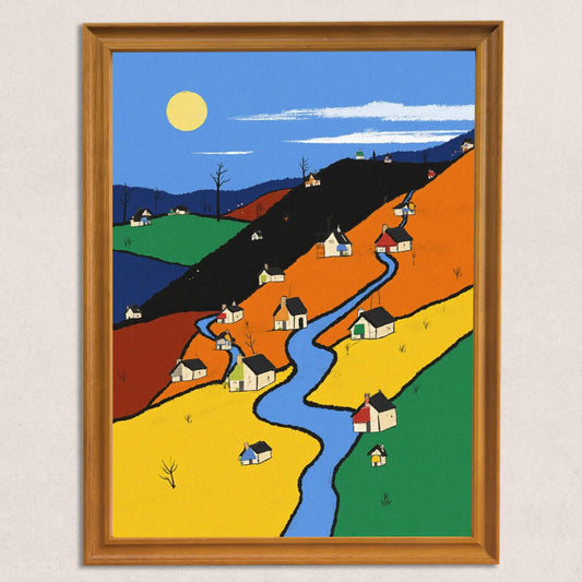 A modern, folk-style art print of a village with small white houses, a winding blue river, and hills in contrasting color blocks (yellow, orange, green, and dark blue), framed in warm wooden trim against a neutral wall.