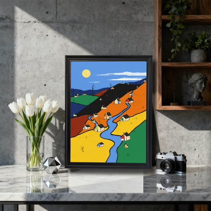 The color-block village art print framed in black wood, standing on a marble countertop next to a vase of white tulips and a vintage camera, against a concrete wall.