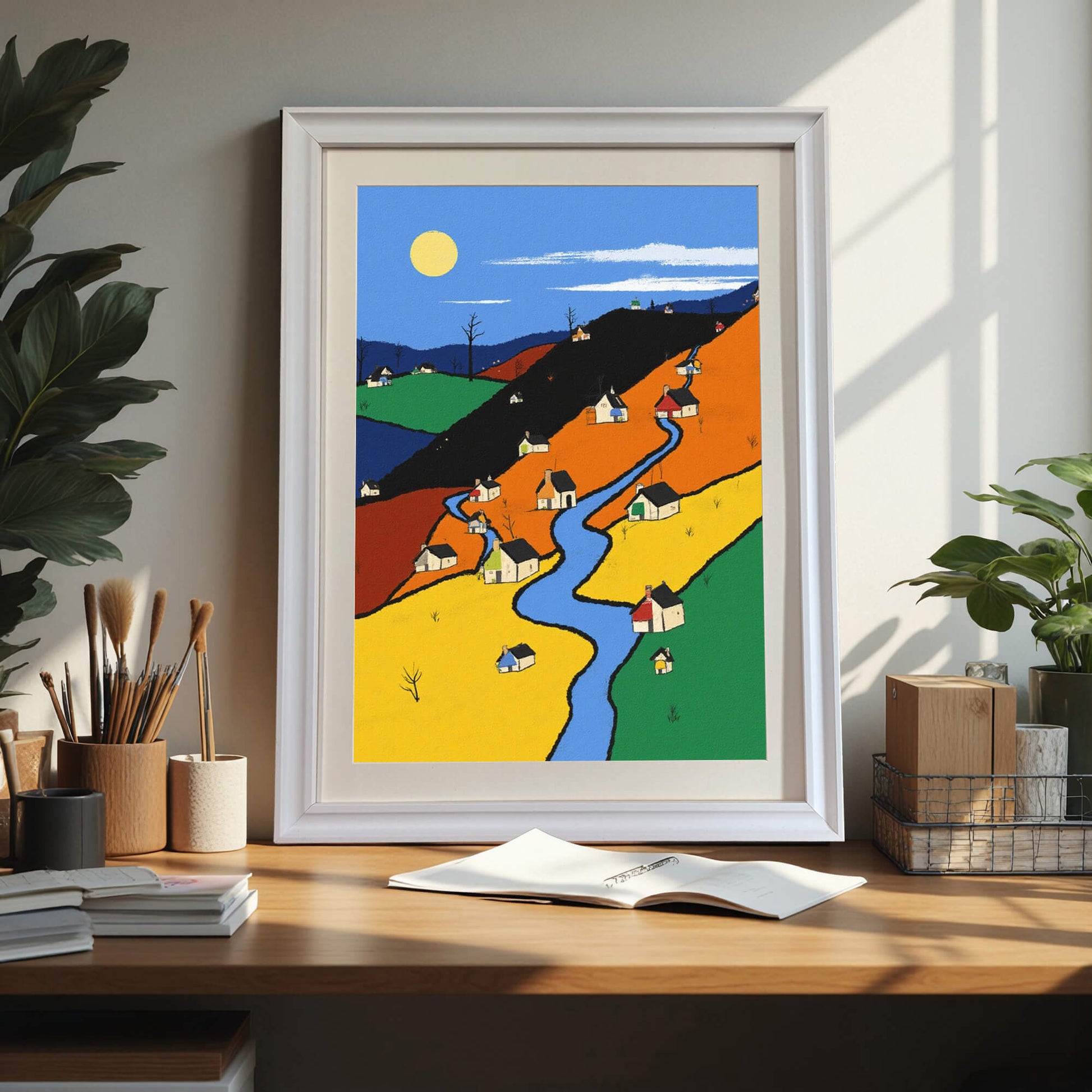 The color-block village art print framed in white, leaning against a neutral wall on a wooden desk. The desk features art supplies, a stack of books, and an open notebook, set in bright sunlight.