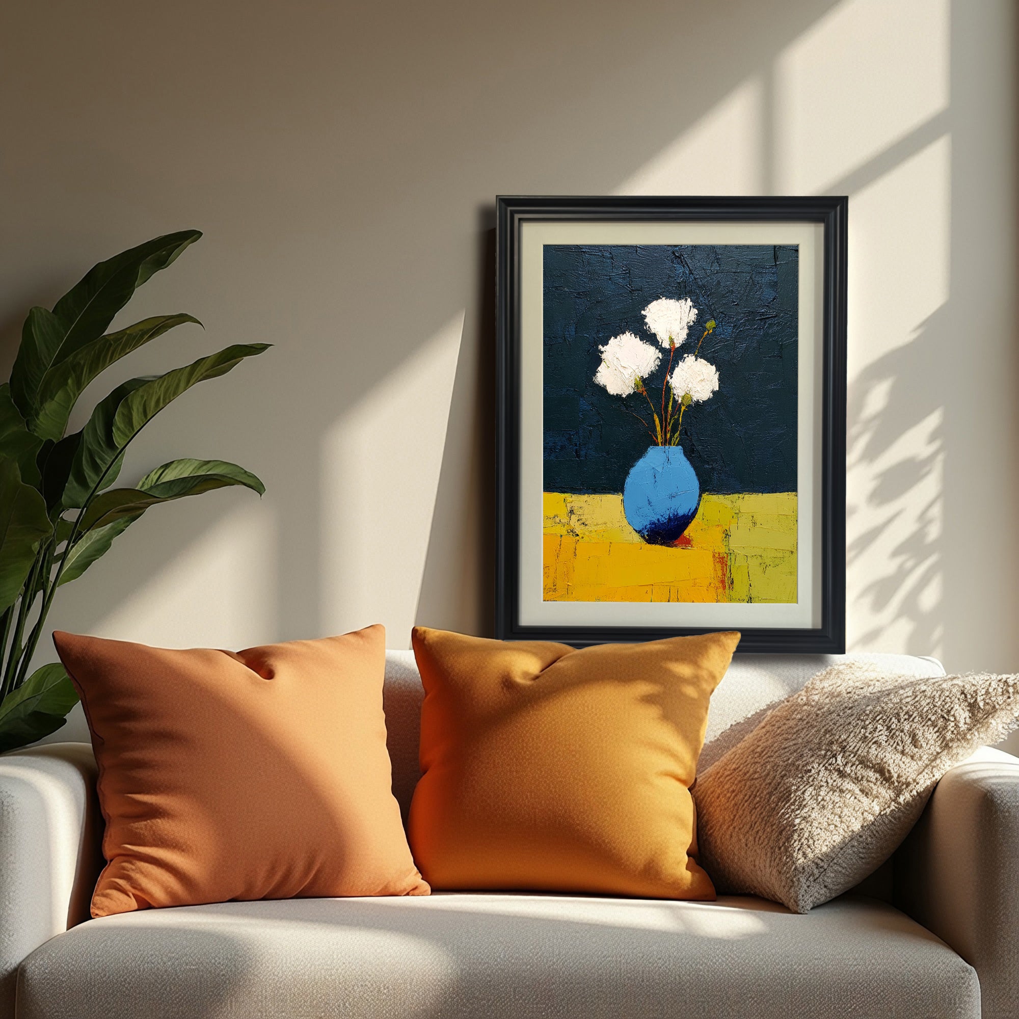 Art print of white flowers in a blue vase, framed in a black wood frame, leaning against a neutral wall above a white sofa with orange pillows and a houseplant.