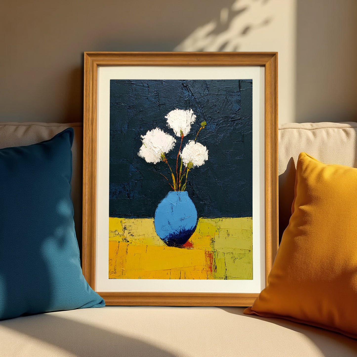 Abstract floral art print in a natural wood frame, leaning on a beige couch with a blue and a yellow throw pillow on either side.