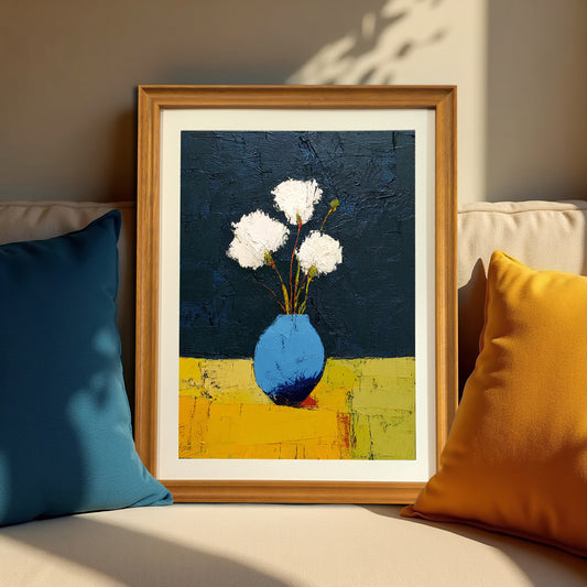 Abstract floral art print in a natural wood frame, leaning on a beige couch with a blue and a yellow throw pillow on either side.