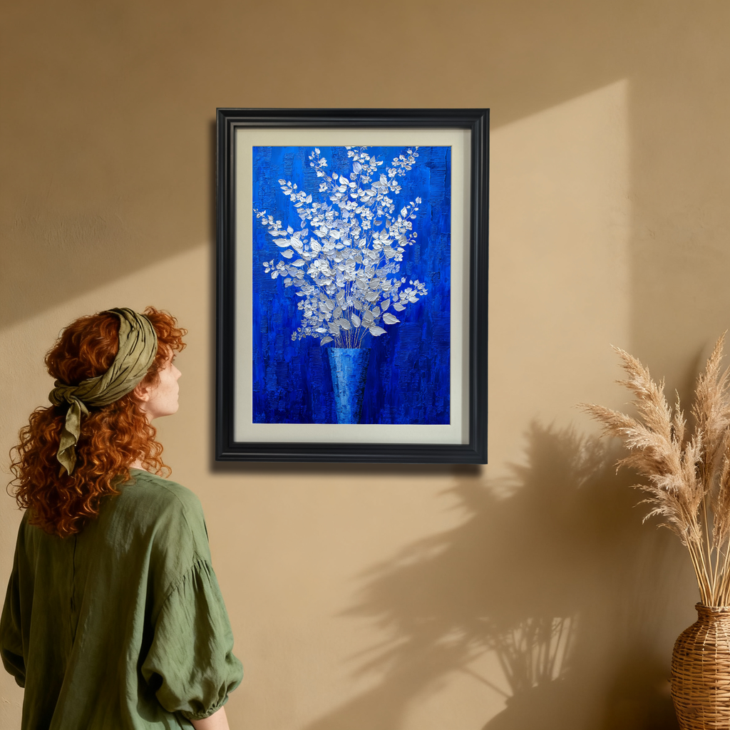 A young woman with red, curly hair and a green headband stands in an earth-toned room looking up at a vertical, black-framed painting of silver-white flowers on a royal blue background hanging on the wall. A tall, woven vase with dried grasses is on the right.