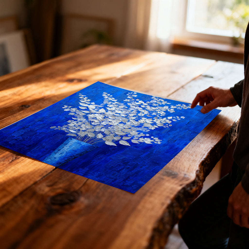 A close-up, angled view of the unframed canvas art print, showing the silver-white flowers and blue background texture, resting on a rustic, live-edge wooden table, with a hand adjusting the corner.