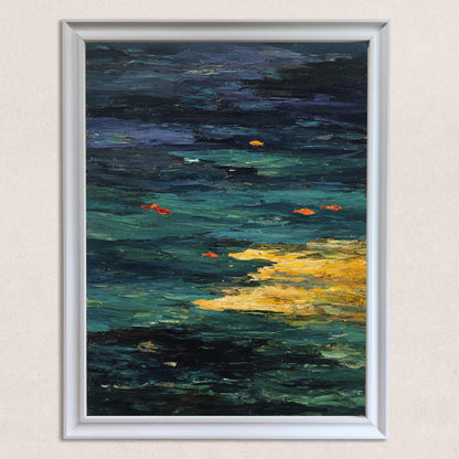 Close-up studio shot of the abstract Goldfish Pond painting in a thick white wood frame. The art features deep impasto textures of dark blues, teal, yellow sunlit reflections, and small orange-red fish.