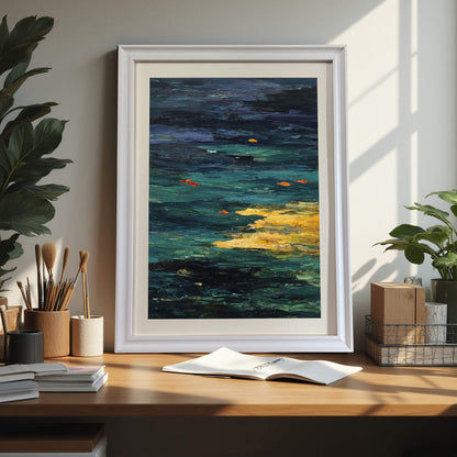 Abstract Goldfish Pond art print in a white wood frame sitting on a wood desk next to art supplies and houseplants, showcasing a bright home office or studio setting.