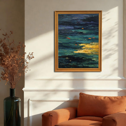 Abstract Goldfish Pond art print in a gold or dark natural wood frame hanging above an orange armchair and white wainscoting, illustrating a luxurious, warm living room decor.
