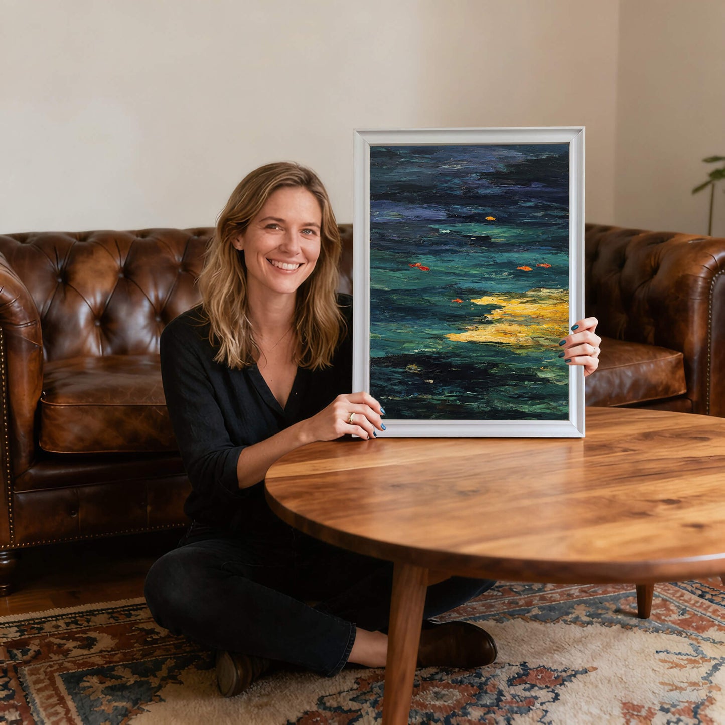 Smiling woman sitting on the floor holding the Abstract Goldfish Pond art print in a white wood frame, providing scale and showing the artwork's size relative to a person.