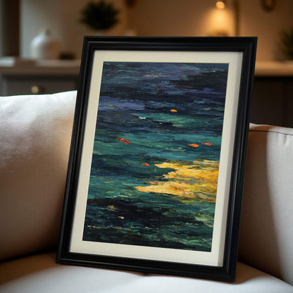 Abstract Goldfish Pond art print in a black wood frame with a mat, propped up on a cream-colored couch, offering a close-up view of the framed print in a home setting.