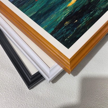 Stacked close-up of different wood frame options for art prints: black, white, and natural light wood (oak/maple). Shows the frame molding detail and finish against the dark art border.