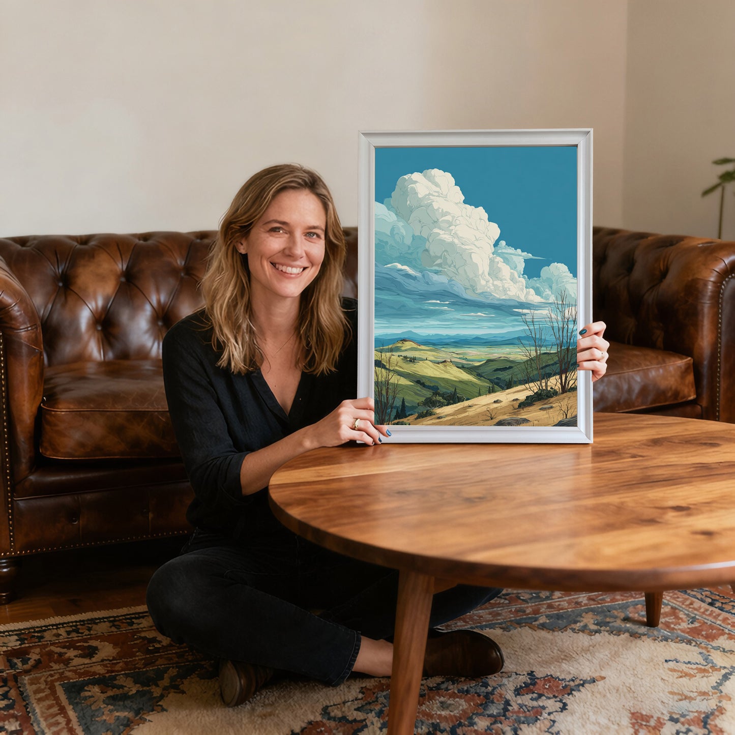 Smiling woman sitting on the floor holding the rolling hills landscape art print in a white wood frame, providing scale and showing the artwork's size relative to a person.