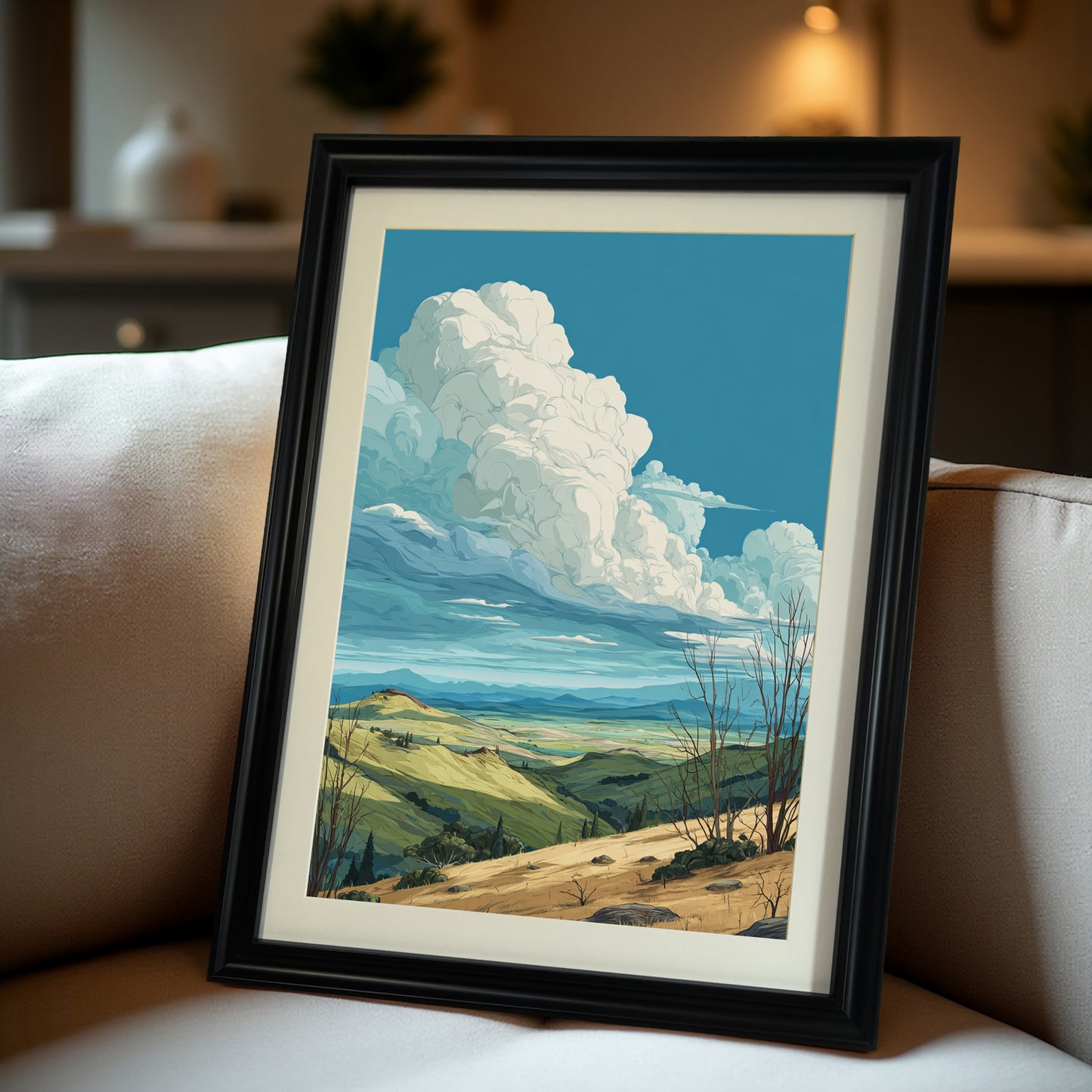 Rolling hills landscape art print in a black wood frame with a mat, propped up on a cream-colored couch, offering a close-up view of the framed print in a home setting.