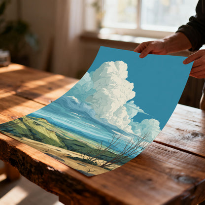 Unframed, flexible art print of the stylized rolling hills landscape being held over a rustic wood table, illustrating the print material quality and saturated colors.