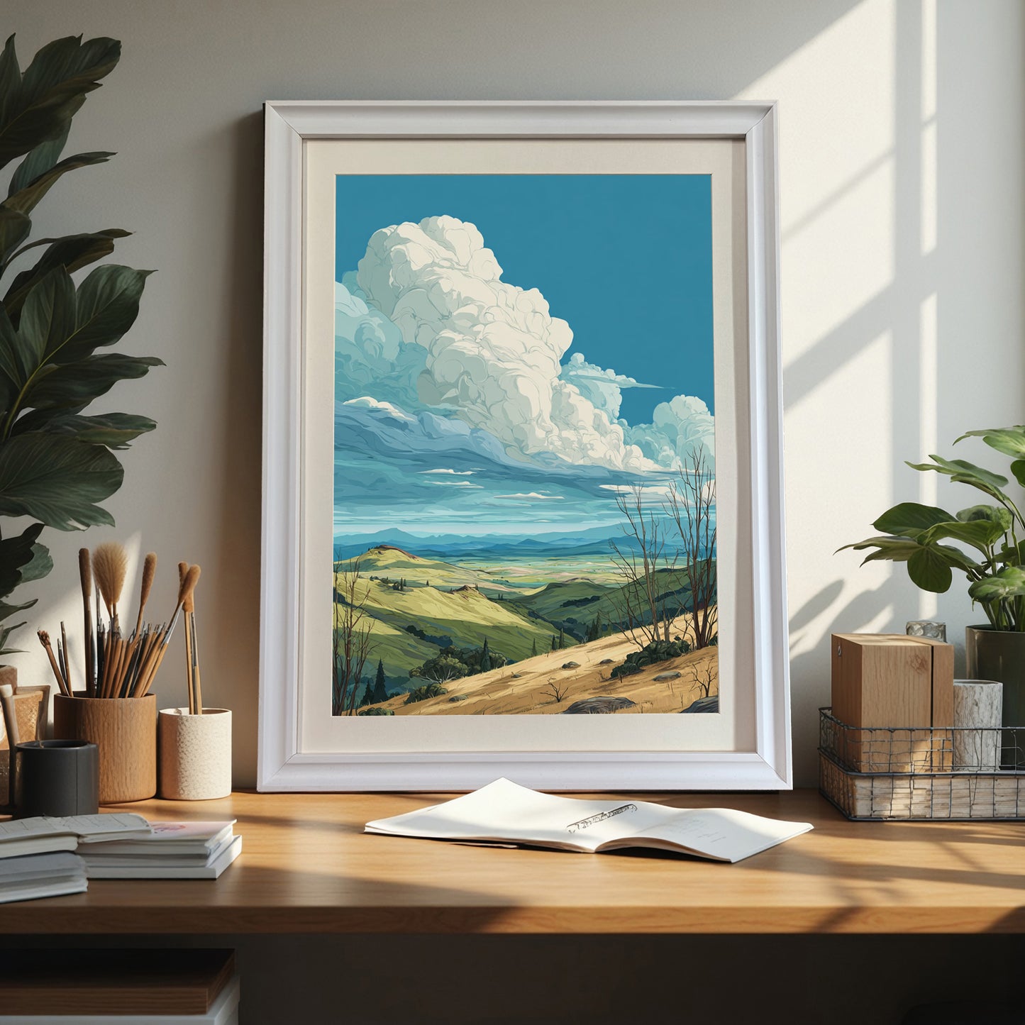 Rolling hills landscape art print in a white wood frame sitting on a wood desk next to art supplies and houseplants, showcasing a bright home office or studio setting.