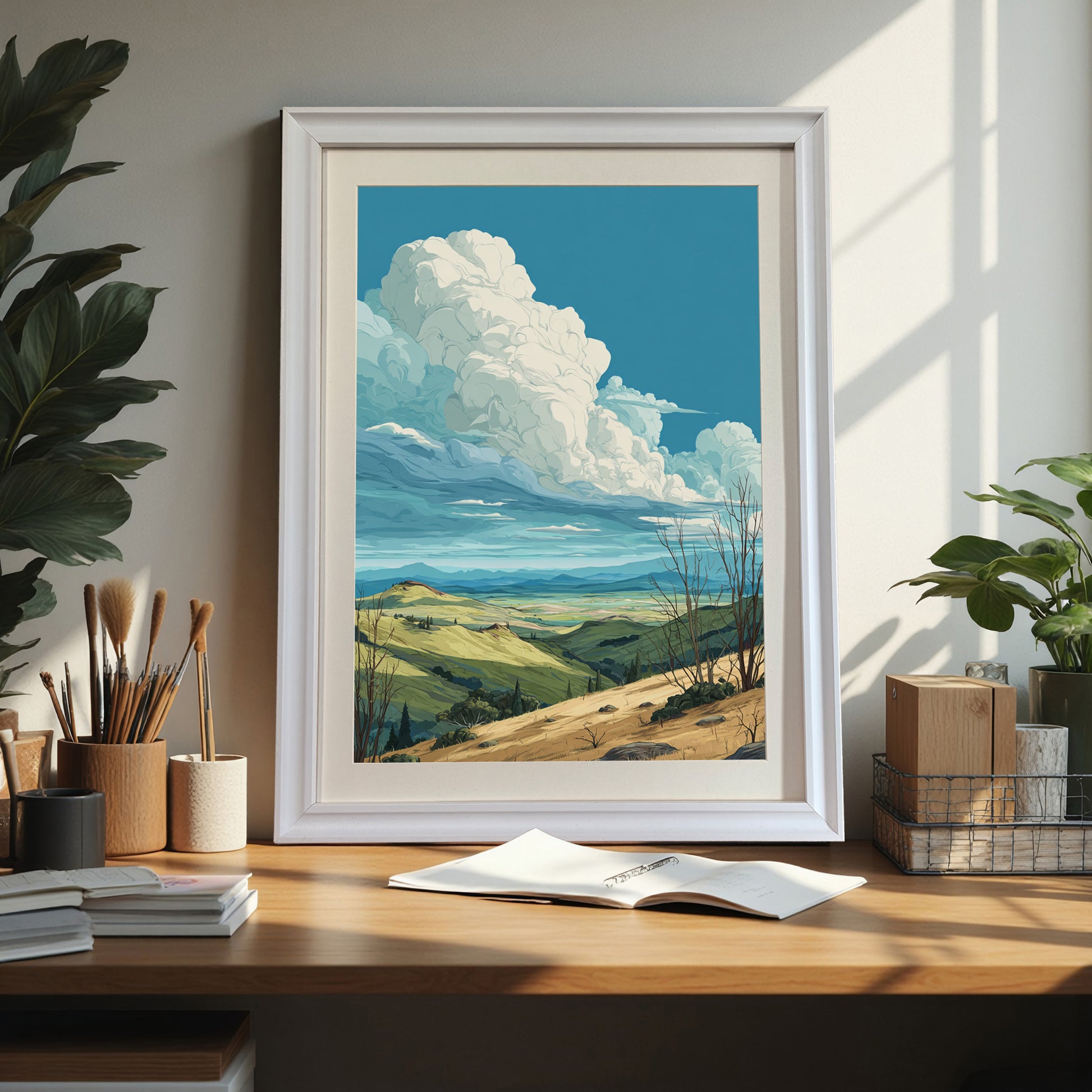 Rolling hills landscape art print in a white wood frame sitting on a wood desk next to art supplies and houseplants, showcasing a bright home office or studio setting.