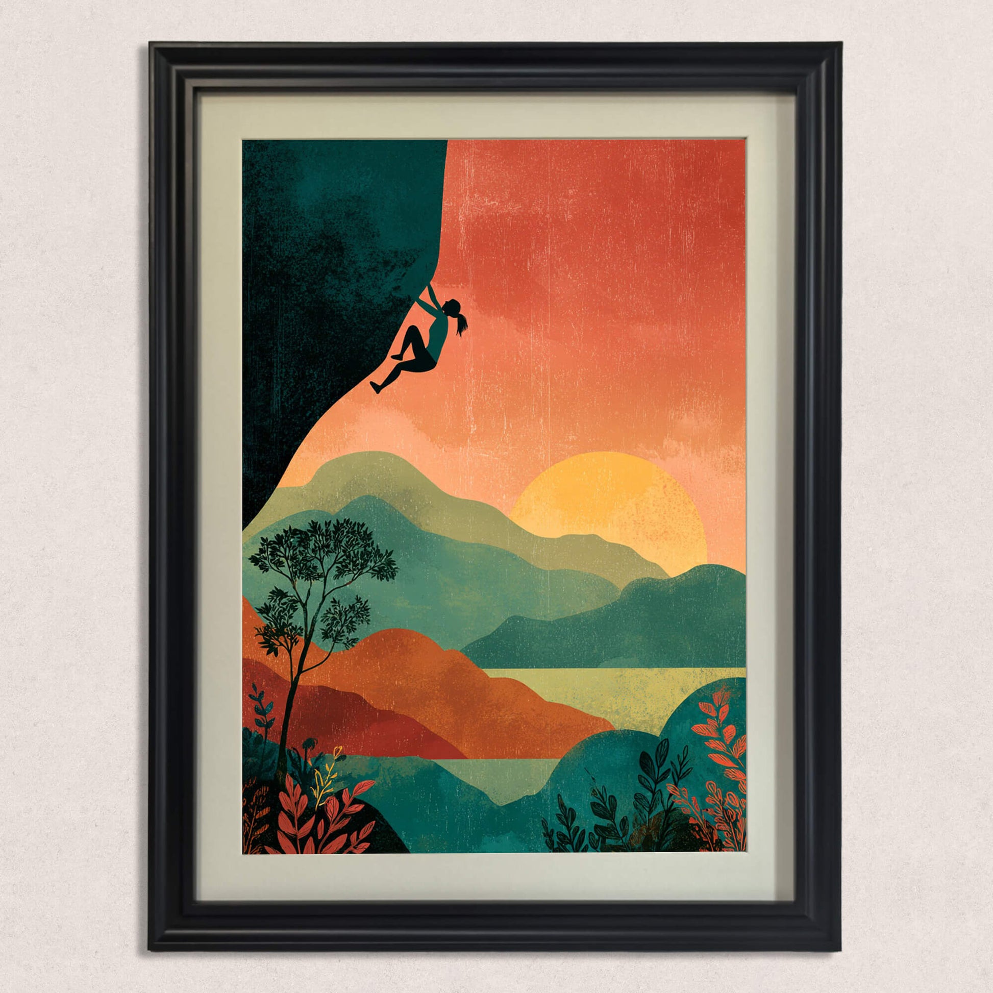 Vertical framed art print of a climber silhouette against a sunset over layered green and orange hills, in a classic black wood frame with a cream mat, hanging on a lightly textured beige wall.