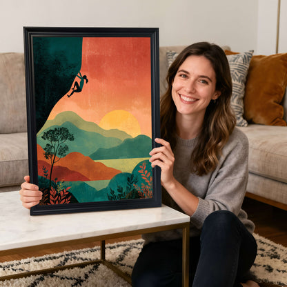 A smiling woman sitting on the floor holding a framed art print of a climber silhouette against a sunset and landscape, in a thick black wood frame, with a neutral couch in the background.