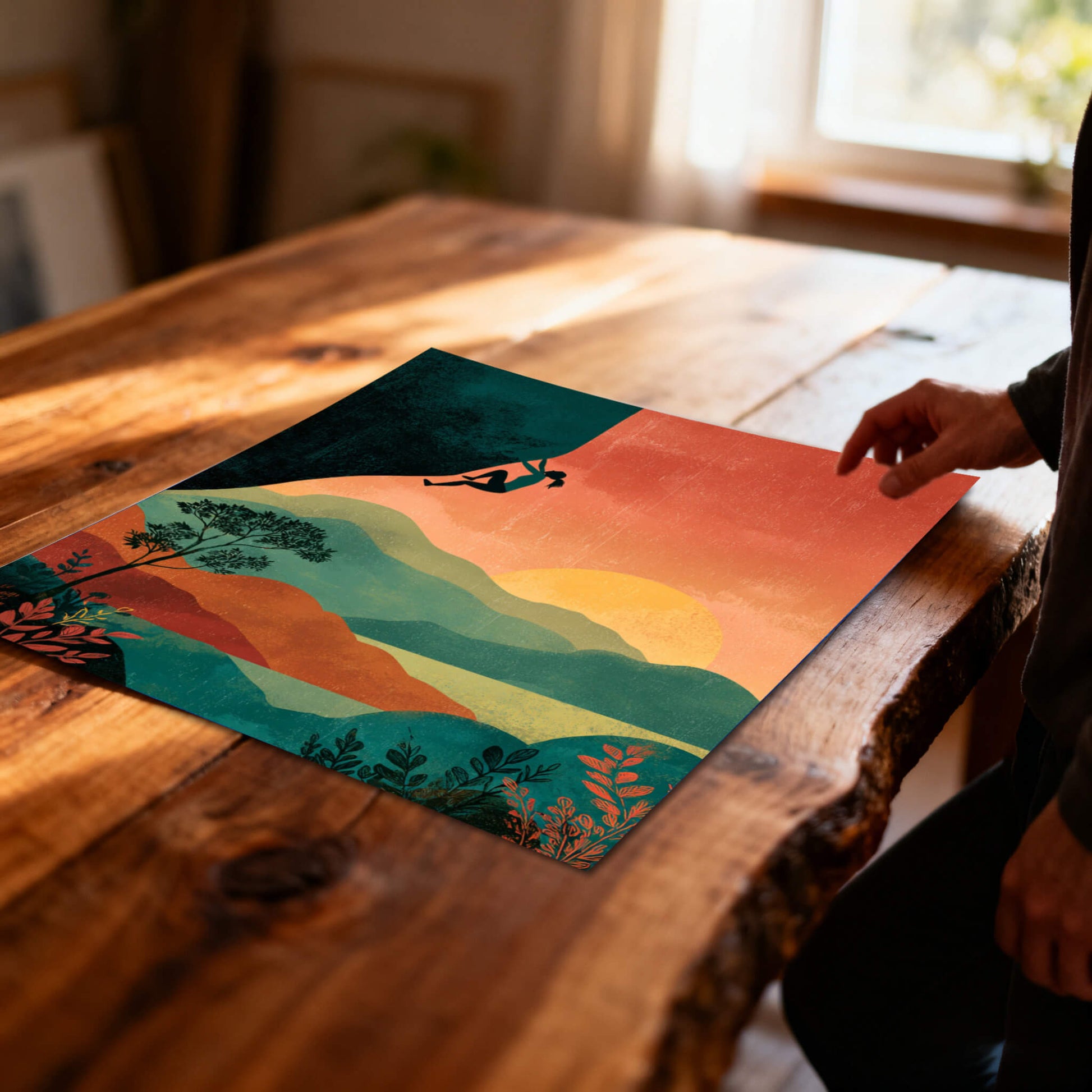 Overhead shot of a hand touching an unframed art print featuring a climber silhouette against a sunset landscape of teal and burnt orange hills, lying on a rustic, live-edge wood table.