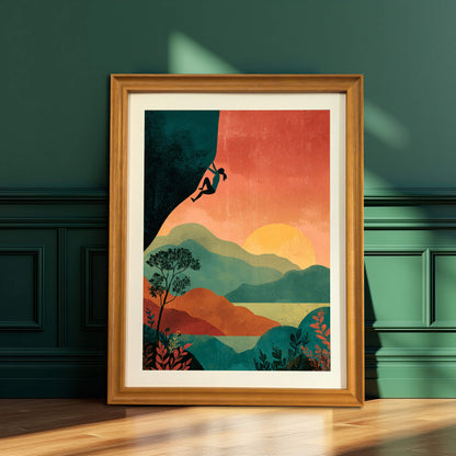 Vertical framed art print of a climber silhouette against a vivid sunset and layered landscape, in a natural brown wood frame, resting on a wooden floor against a dark green paneled wall.