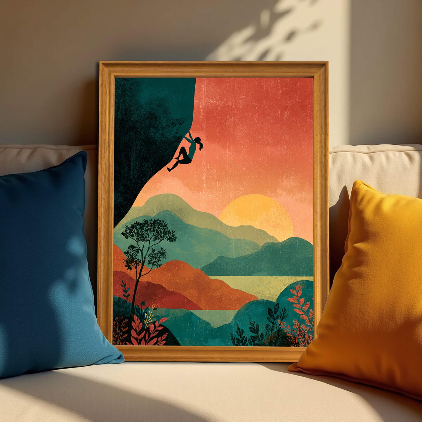 Vertical framed art print of a climber silhouette against a vivid sunset and layered landscape, in a natural brown wood frame, resting on a beige couch between a blue and a yellow throw pillow.