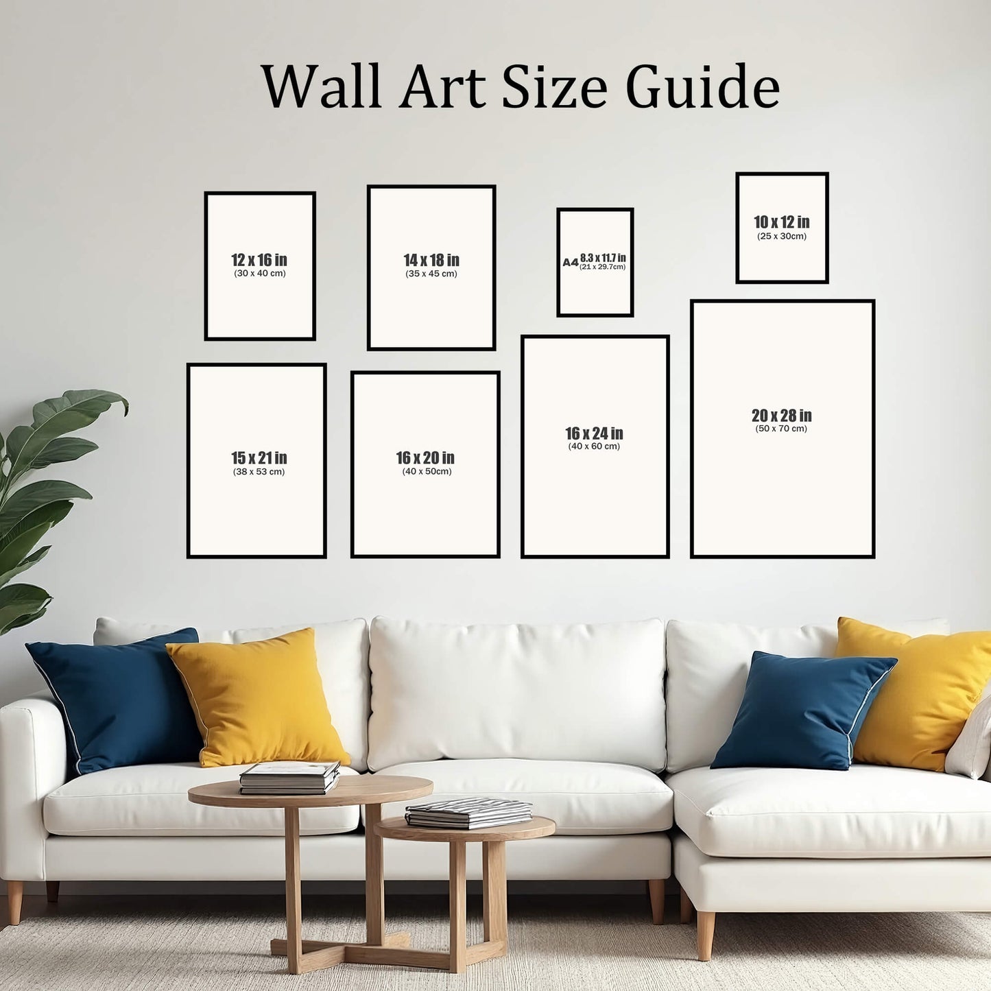 Wall art size guide displayed above a modern white sofa, showing multiple frame dimensions including 10x12, 12x16, 14x18, A4, 15x21, 16x20, 16x24, and 20x28 inches, arranged on a clean living room wall with colorful throw pillows and minimalist decor.