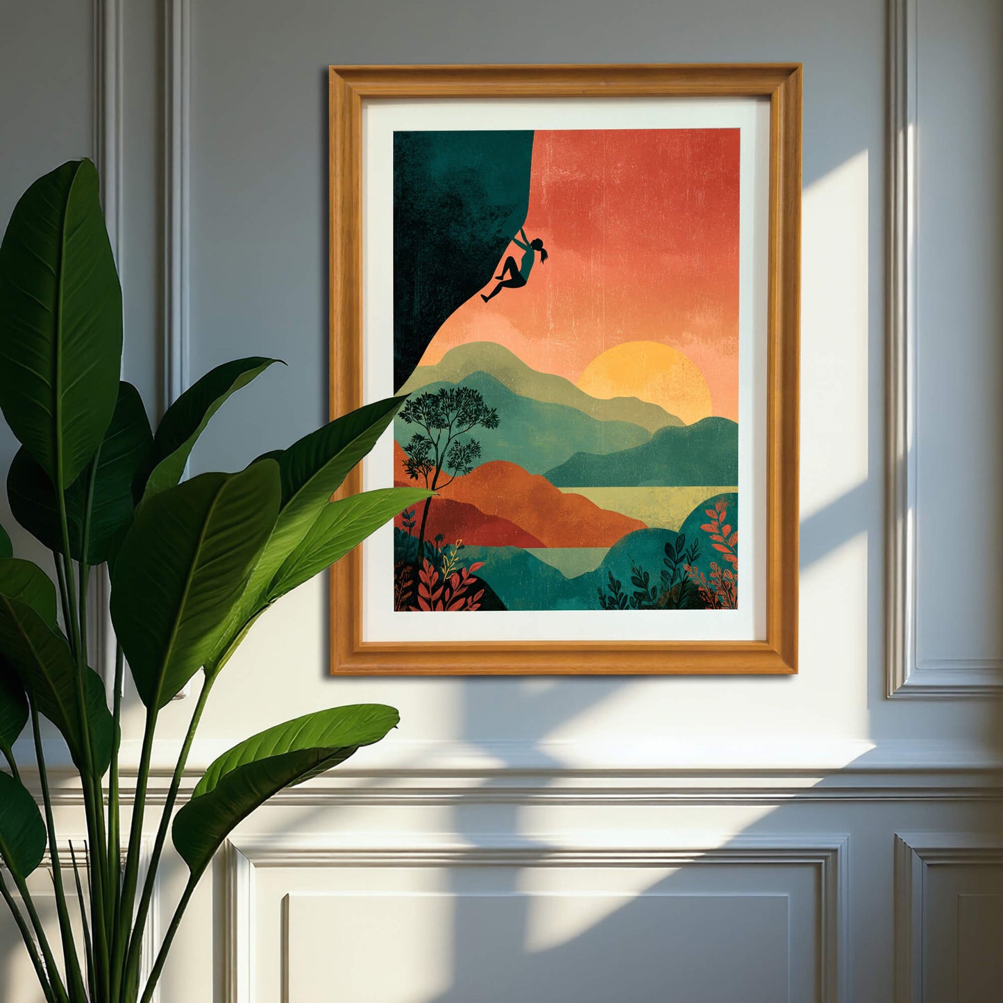 Vertical framed art print of a climber silhouette against a layered sunset landscape, in a natural brown wood frame, hanging on a gray paneled wall next to a large green houseplant.