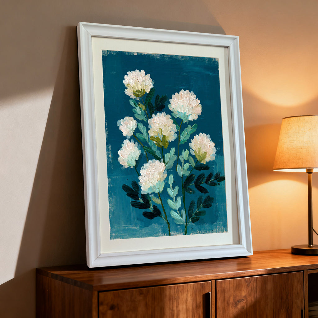 A white-framed art print leaning on a dark wood cabinet next to a glowing table lamp. The artwork depicts abstract white flowers and green leaves on a textured blue-teal background.
