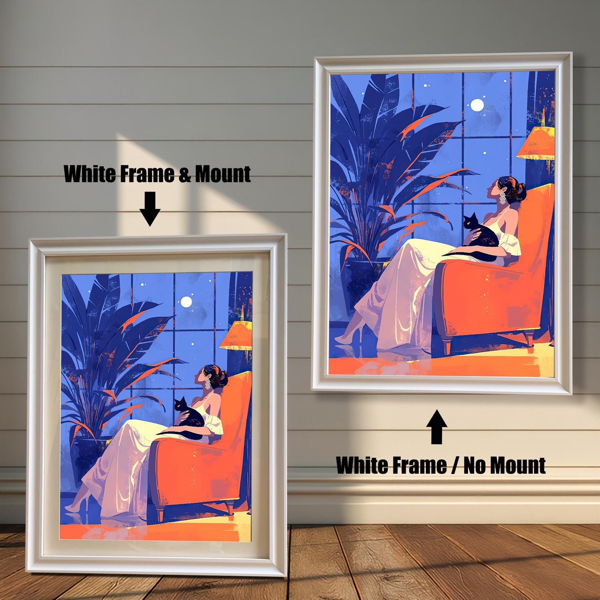 Two framed art prints of a woman and a cat. The left print has a white frame and a white mat ("mount"), and the right print has a white frame with no mat.