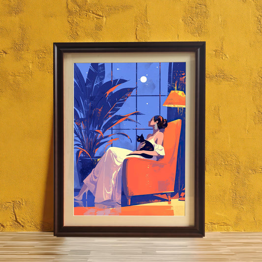 A framed art print of a woman and a cat standing on a wooden surface against a vibrant yellow wall.