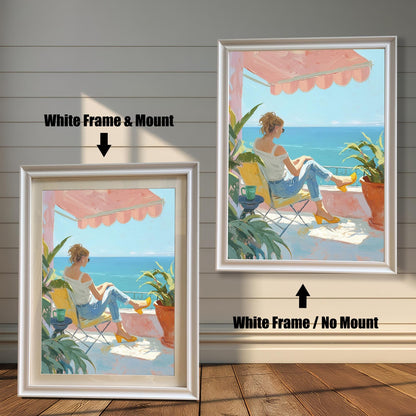 Two versions of the wall art print with a white frame are shown side by side against a light-colored wooden wall. The print on the left is a smaller version with a mount (matting) around the artwork. The print on the right is a larger version without a mount. The image is labeled with "White Frame & Mount" and "White Frame / No Mount."