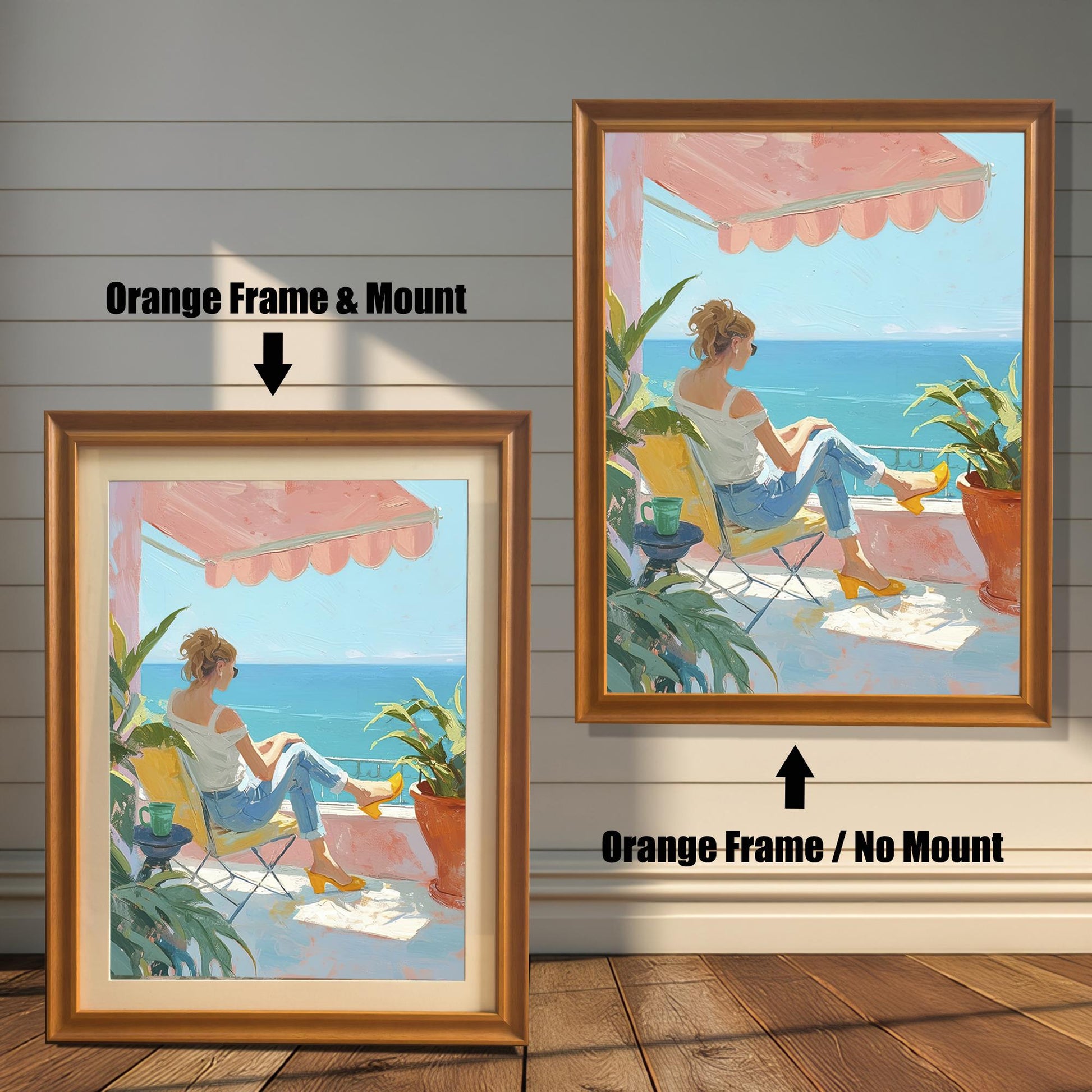 Two versions of the wall art print with an orange-colored frame are shown side by side against a wooden wall. The print on the left is a smaller version with a mount (matting) around the artwork. The print on the right is a larger version without a mount. The image is labeled with "Orange Frame & Mount" and "Orange Frame / No Mount."