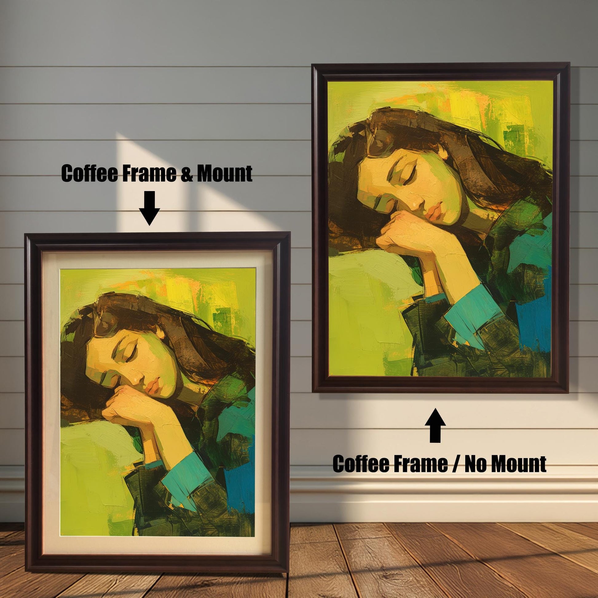 Two versions of a wall art print with a coffee-colored frame are shown side by side against a wooden wall. The print on the left is a smaller version with a mount (matting) around the artwork. The print on the right is a larger version without a mount. The image is labeled with "Coffee Frame & Mount" and "Coffee Frame / No Mount."